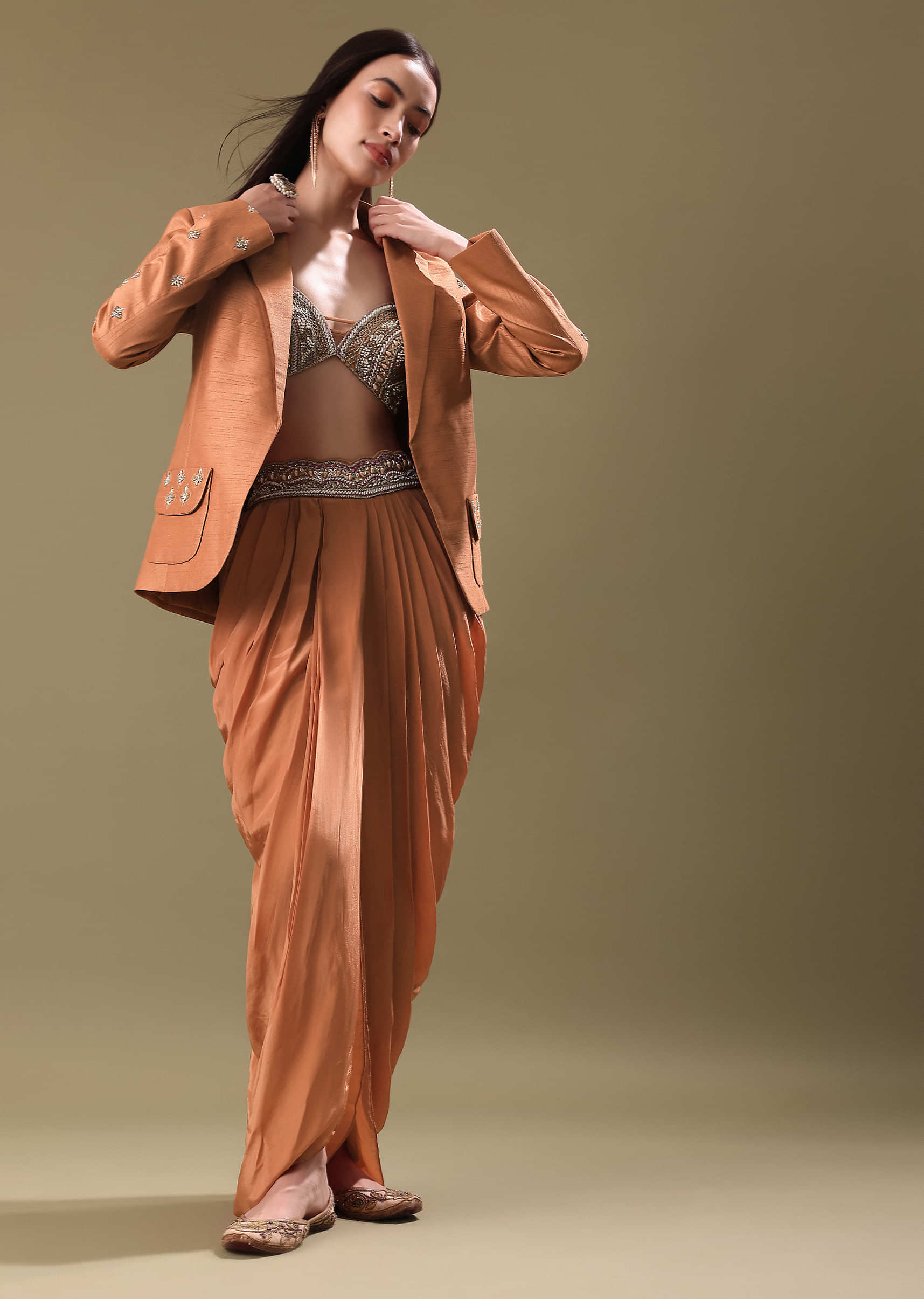 8924-orange-embroidered-blouse-with-dhoti-and-jacket-1.jpg Orange Embroidered Blouse With Dhoti And Jacket