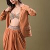 Orange Embroidered Blouse With Dhoti And Jacket