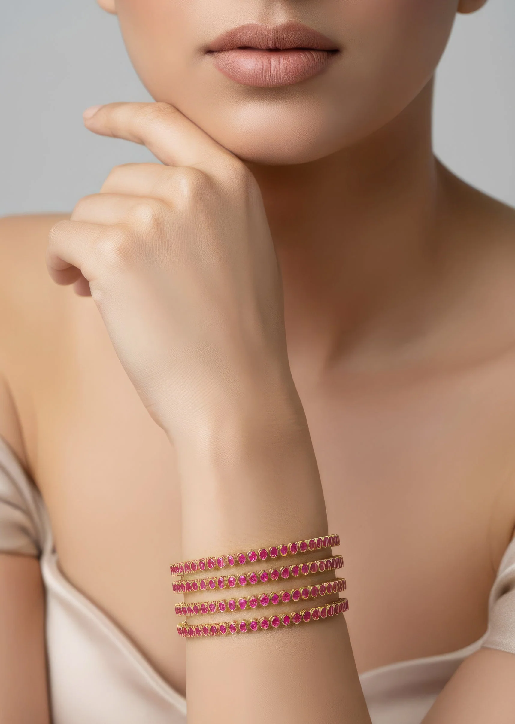 Gold Finish Bangle With Traditional Temple Motifs And Ruby Simulated Stones