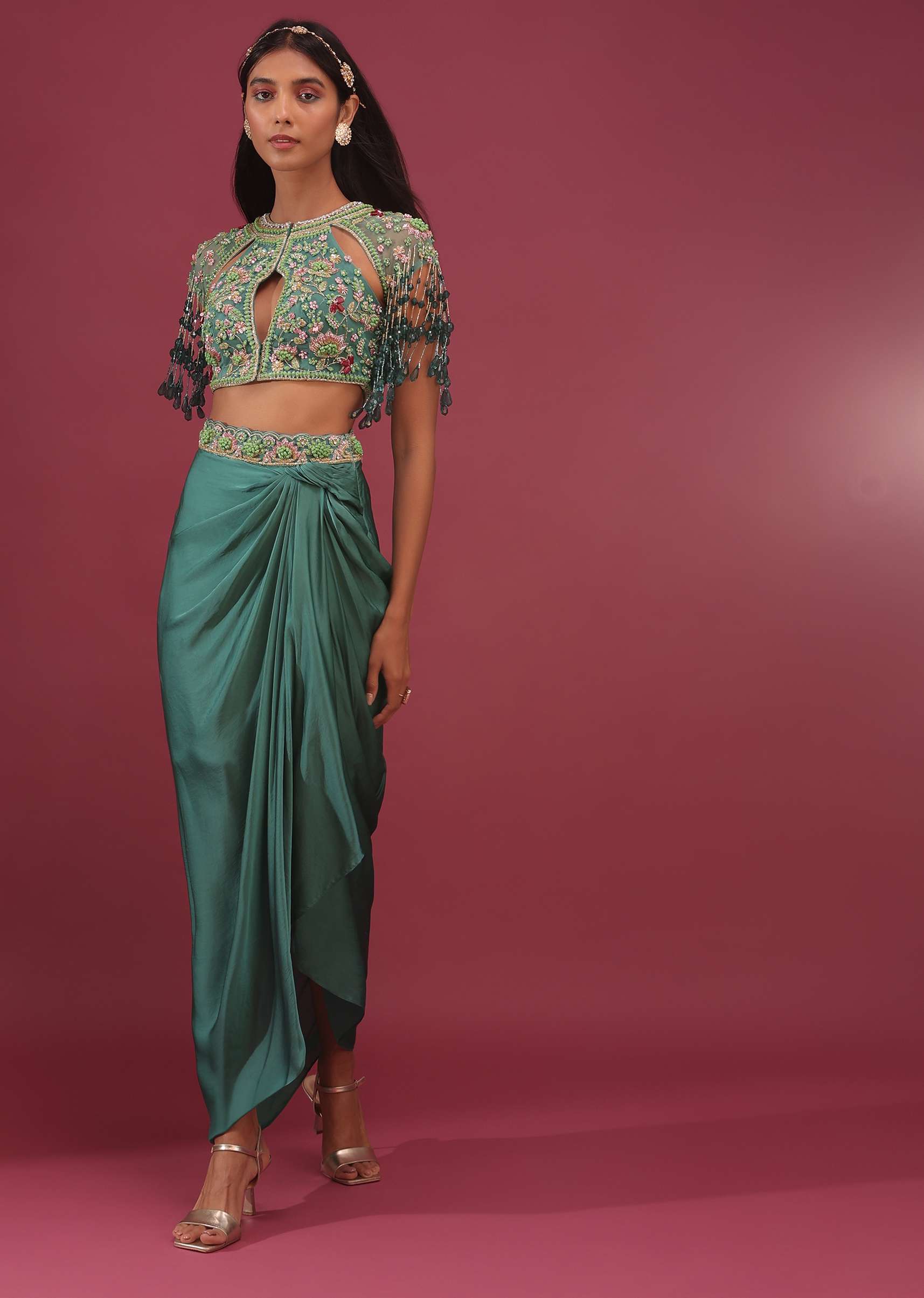 Sea Green Dhoti Crop Top Set In Satin Organza With Embroidery - NOOR 2022