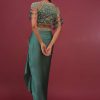 Sea Green Dhoti Crop Top Set In Satin Organza With Embroidery - NOOR 2022