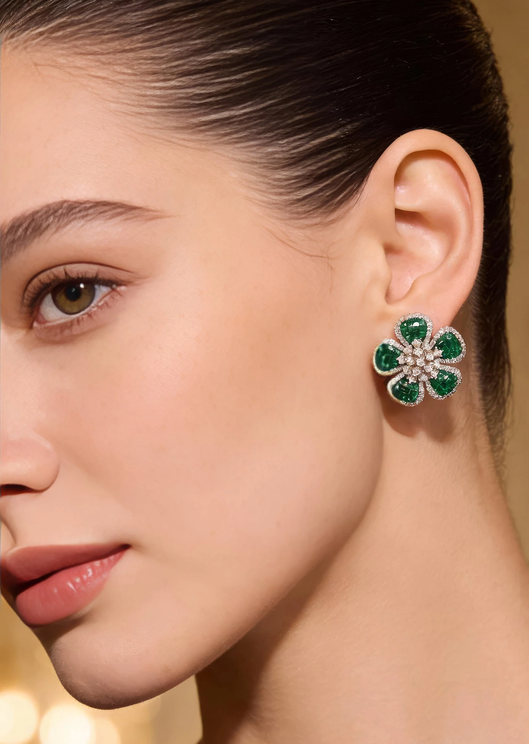 894-silver-finish-floral-cluster-stud-earrings-with-green-stones-and-clear-accents-1.webp Silver Finish Floral Cluster Stud Earrings With Green Stones and Clear Accents
