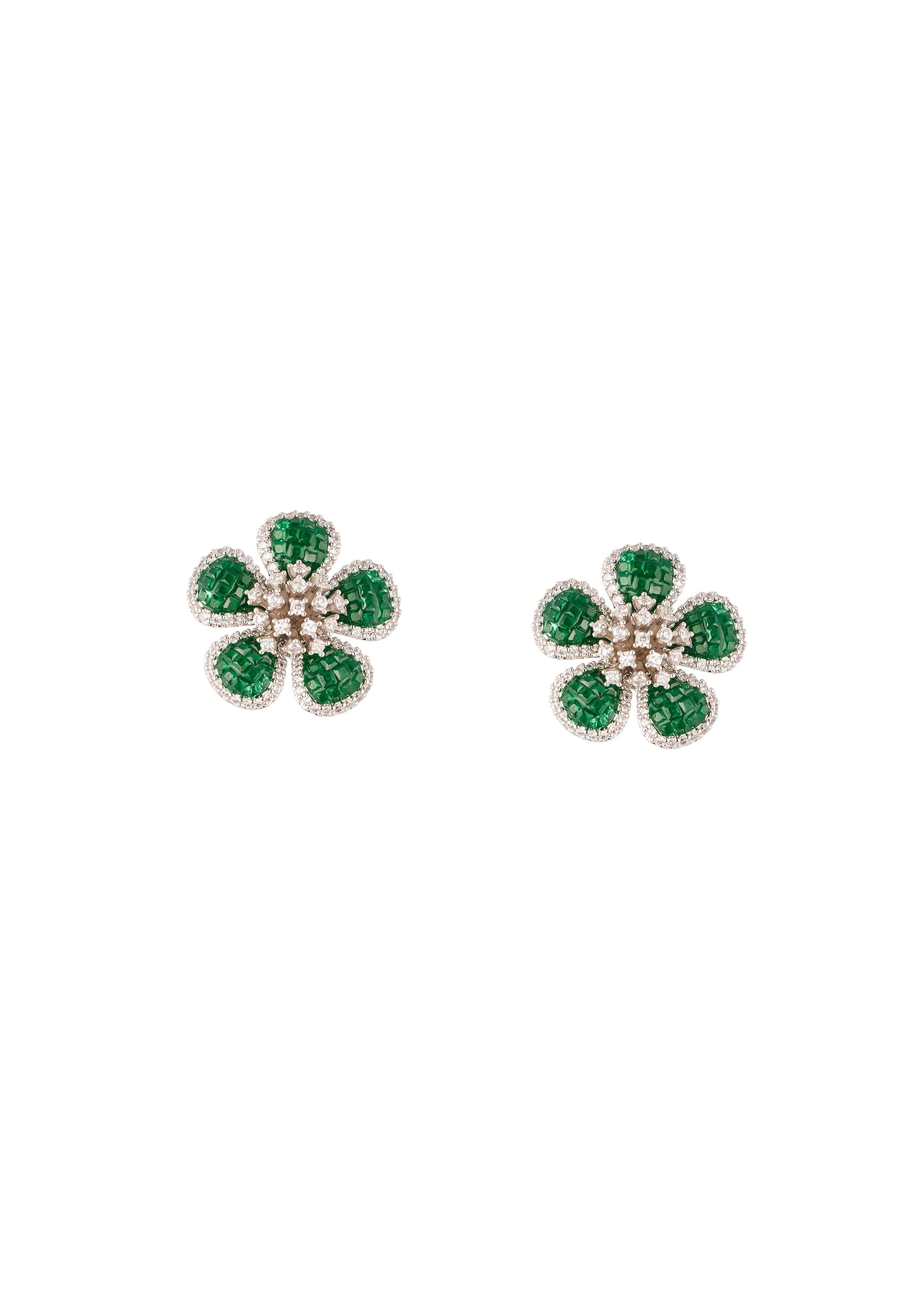 894-silver-finish-floral-cluster-stud-earrings-with-green-stones-and-clear-accents-2.webp Silver Finish Floral Cluster Stud Earrings With Green Stones and Clear Accents