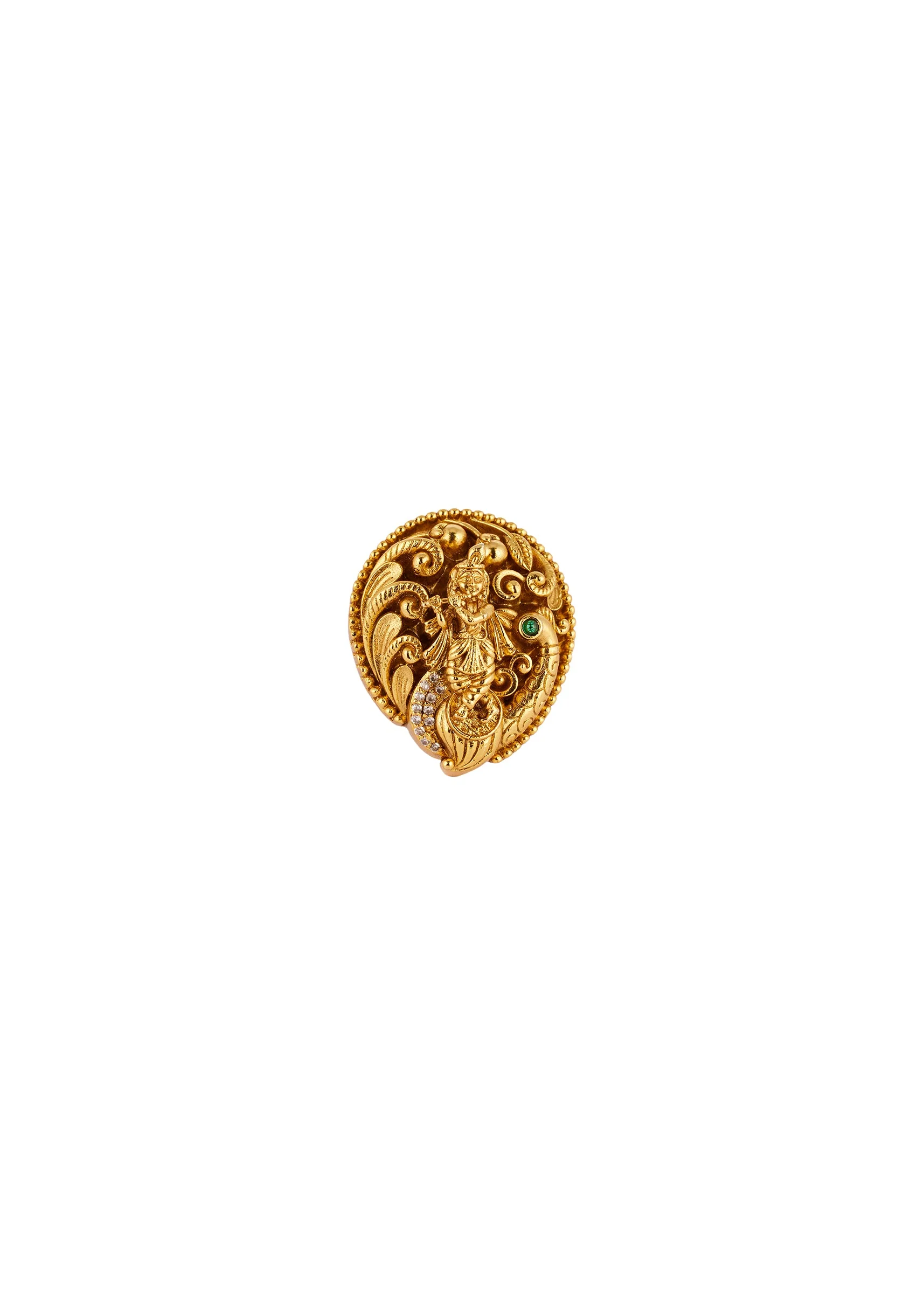 895-gold-finish-ring-with-temple-style-motifs-and-green-simulated-stones-2.webp Gold Finish Ring With Temple Style Motifs And Green Simulated Stones