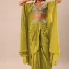 Lime Green Dhoti With Embroidered Blouse And Cape