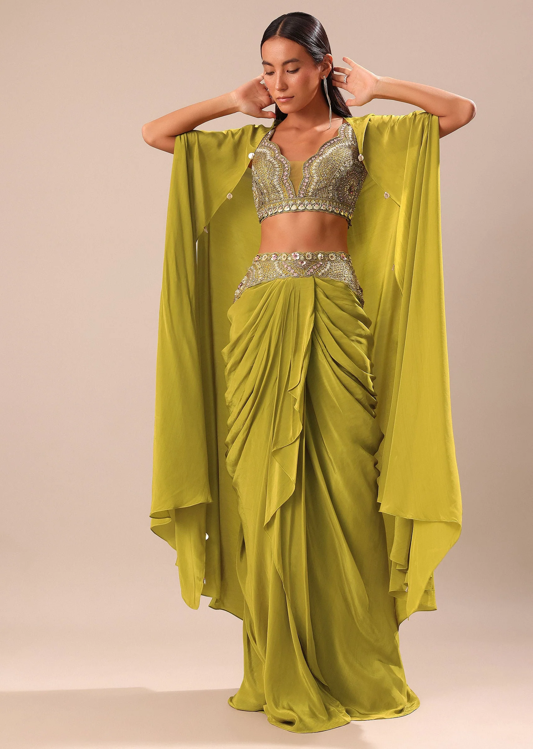 8954-lime-green-dhoti-with-embroidered-blouse-and-cape-1.webp Lime Green Dhoti With Embroidered Blouse And Cape