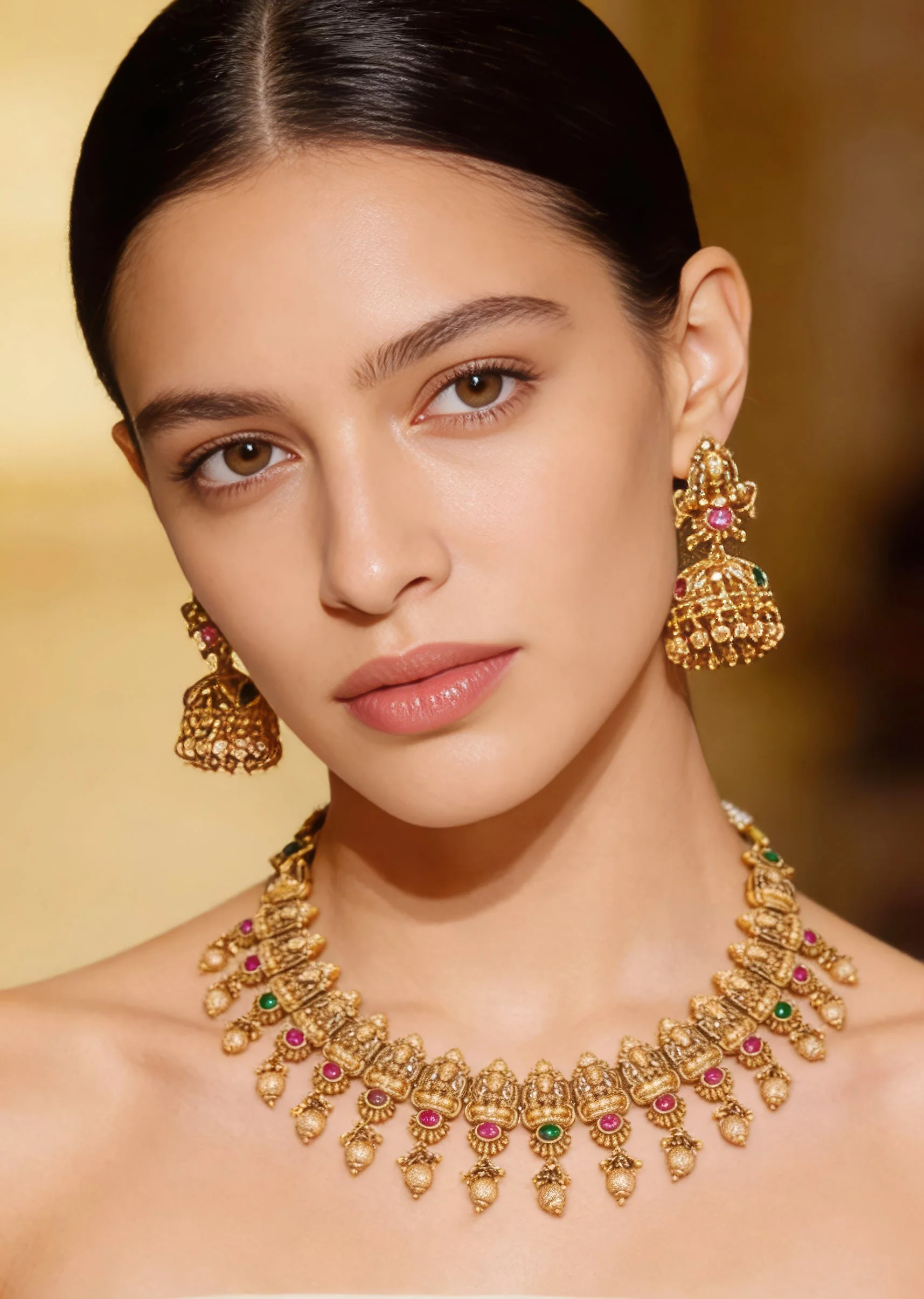 896-gold-toned-temple-style-jewellery-set-with-pink-and-green-simulated-stones-1.webp Gold Toned Temple Style Jewellery Set With Pink and Green Simulated Stones