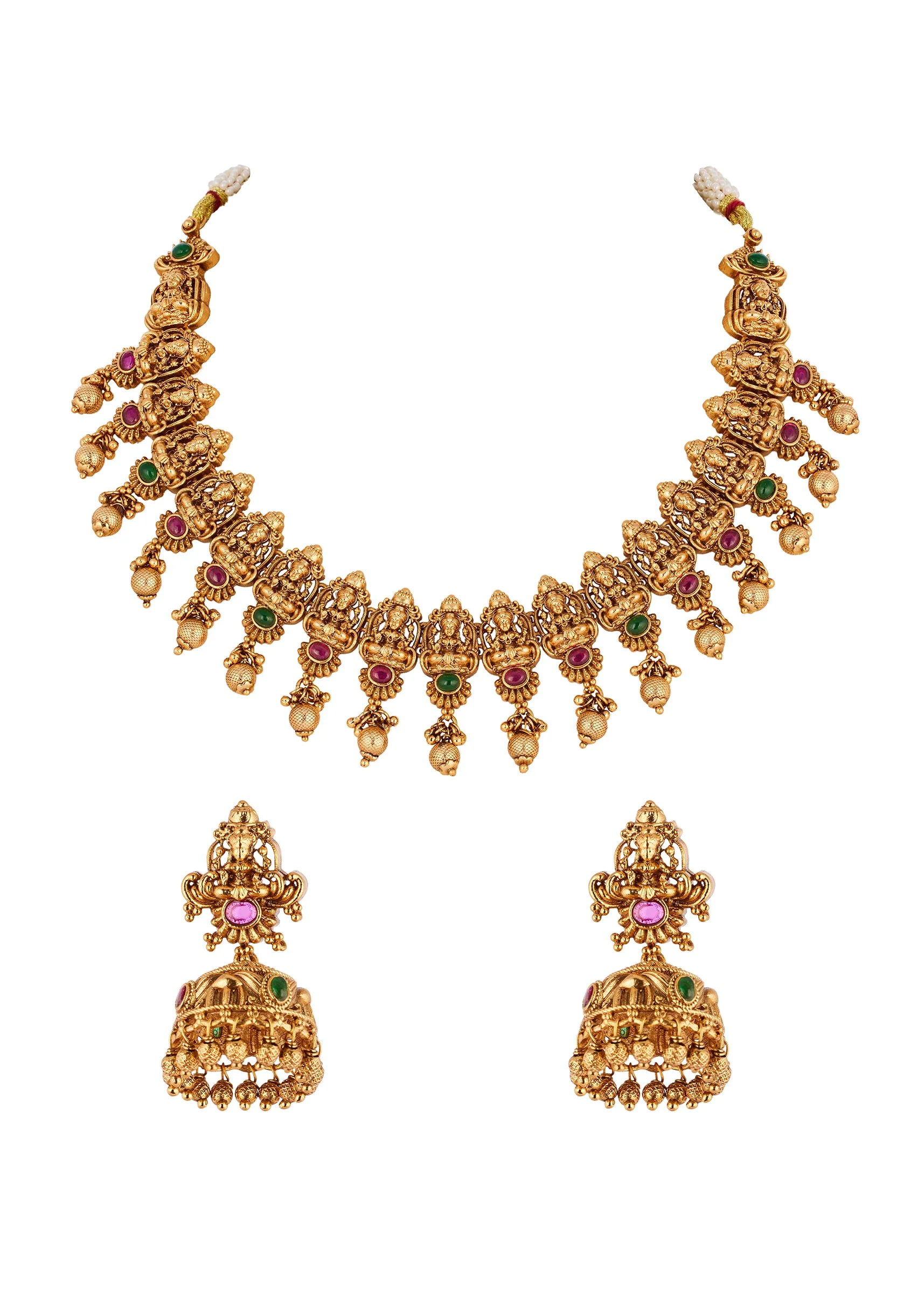 896-gold-toned-temple-style-jewellery-set-with-pink-and-green-simulated-stones-2.webp Gold Toned Temple Style Jewellery Set With Pink and Green Simulated Stones