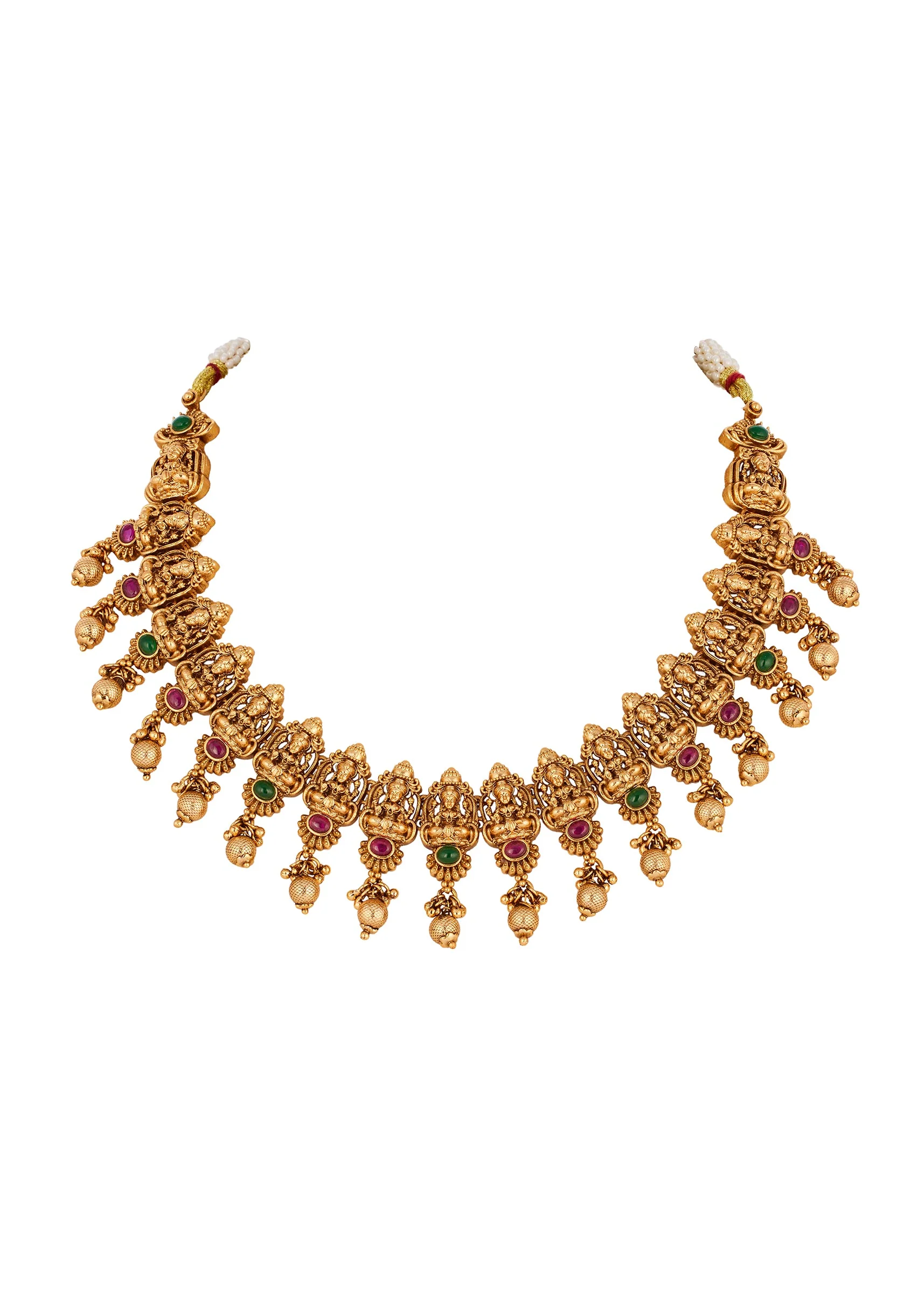 896-gold-toned-temple-style-jewellery-set-with-pink-and-green-simulated-stones-3.webp Gold Toned Temple Style Jewellery Set With Pink and Green Simulated Stones