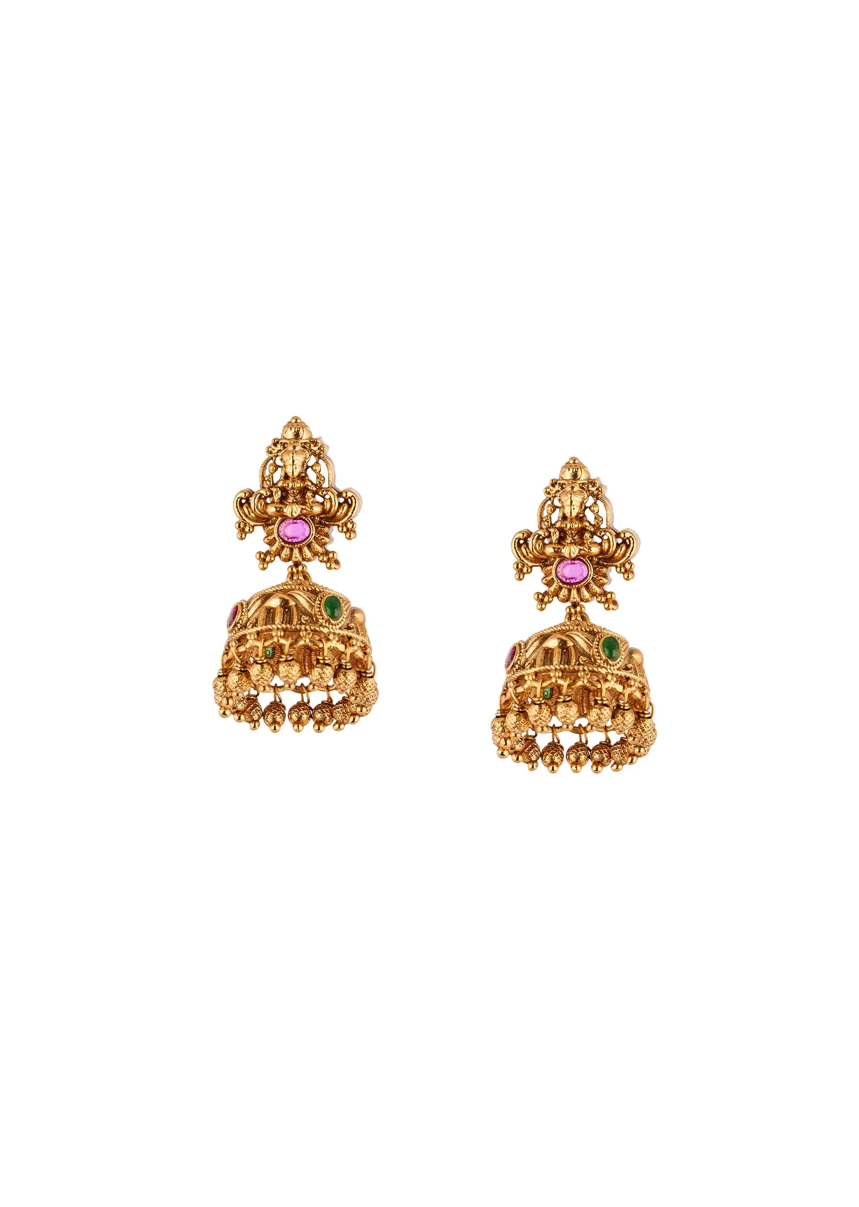 896-gold-toned-temple-style-jewellery-set-with-pink-and-green-simulated-stones-4.webp Gold Toned Temple Style Jewellery Set With Pink and Green Simulated Stones