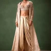 Beige Embroidered Brocade Corset With Long Blazer And Dhoti Pant