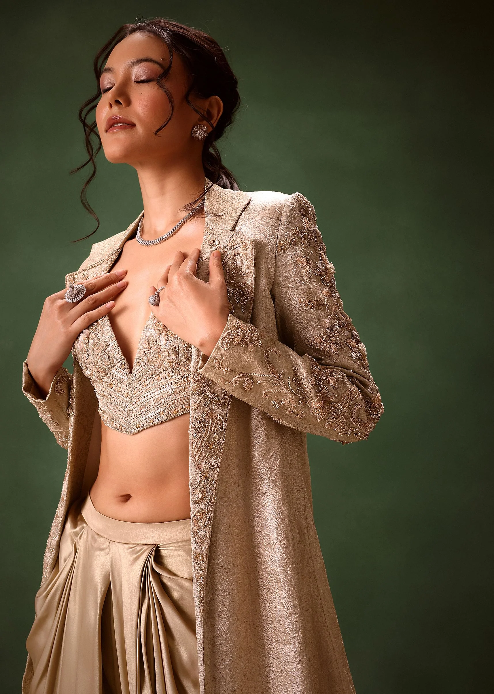 Beige Embroidered Brocade Corset With Long Blazer And Dhoti Pant