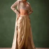 Beige Embroidered Brocade Corset With Long Blazer And Dhoti Pant