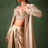 Beige Embroidered Brocade Corset With Long Blazer And Dhoti Pant