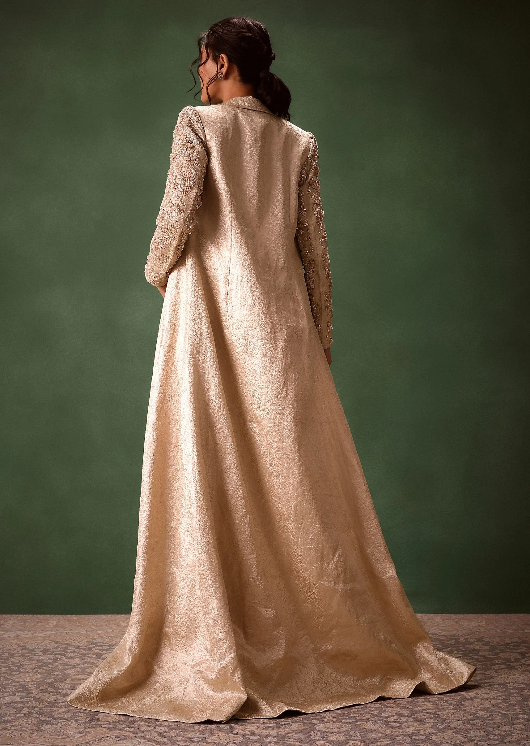 Beige Embroidered Brocade Corset With Long Blazer And Dhoti Pant