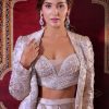 Beige Embroidered Brocade Corset With Long Blazer And Dhoti Pant