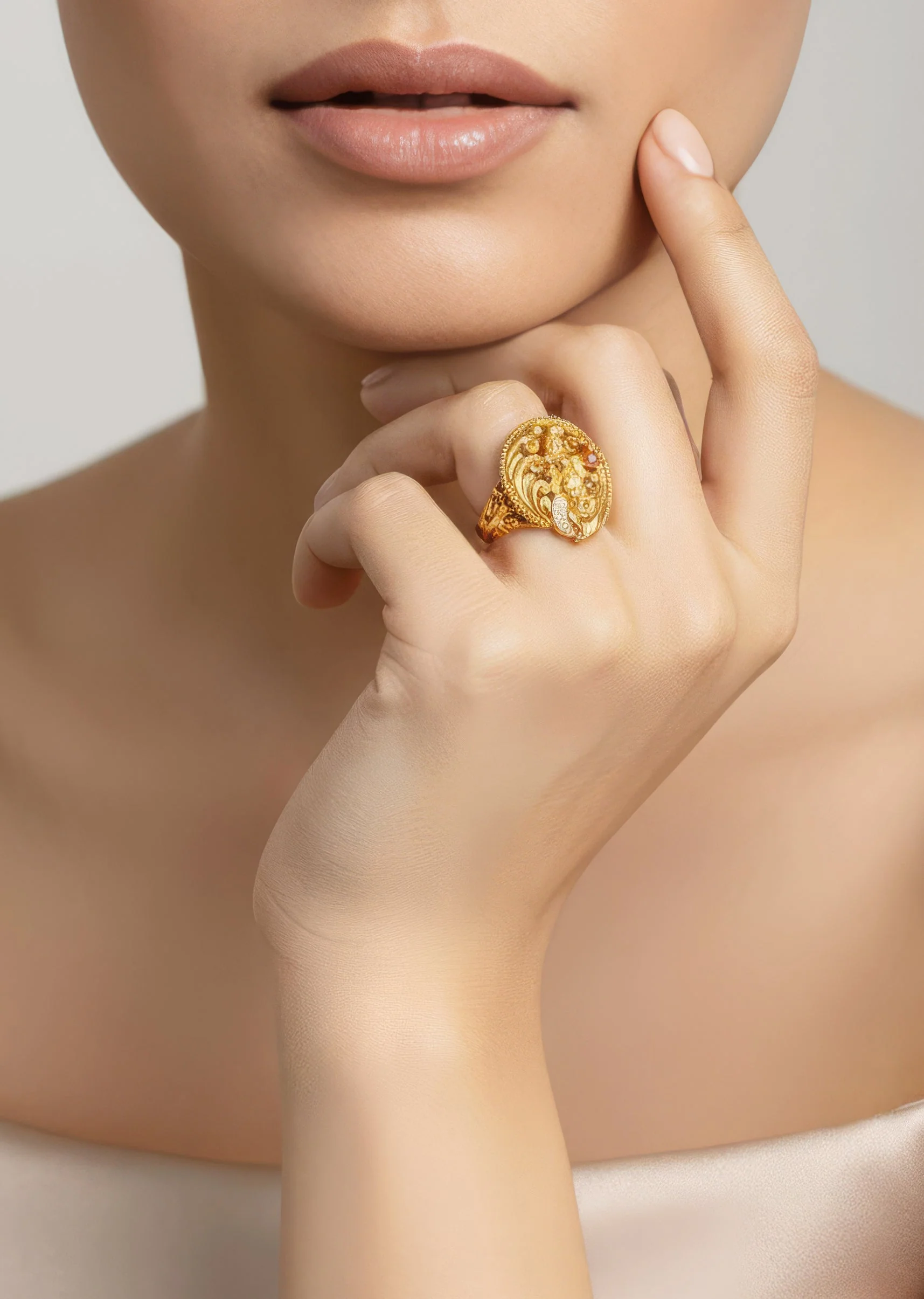 897-gold-finish-ring-with-temple-style-motifs-and-pink-and-white-simulated-stones-1.webp Gold Finish Ring With Temple Style Motifs And Pink and White Simulated Stones