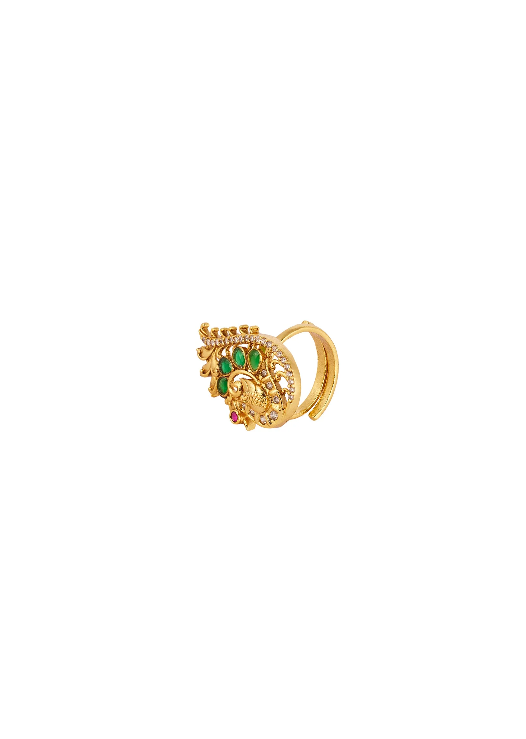 899-gold-finish-ring-with-temple-style-motifs-and-pink-and-green-simulated-stones-3.webp Gold Finish Ring With Temple Style Motifs And Pink and Green Simulated Stones