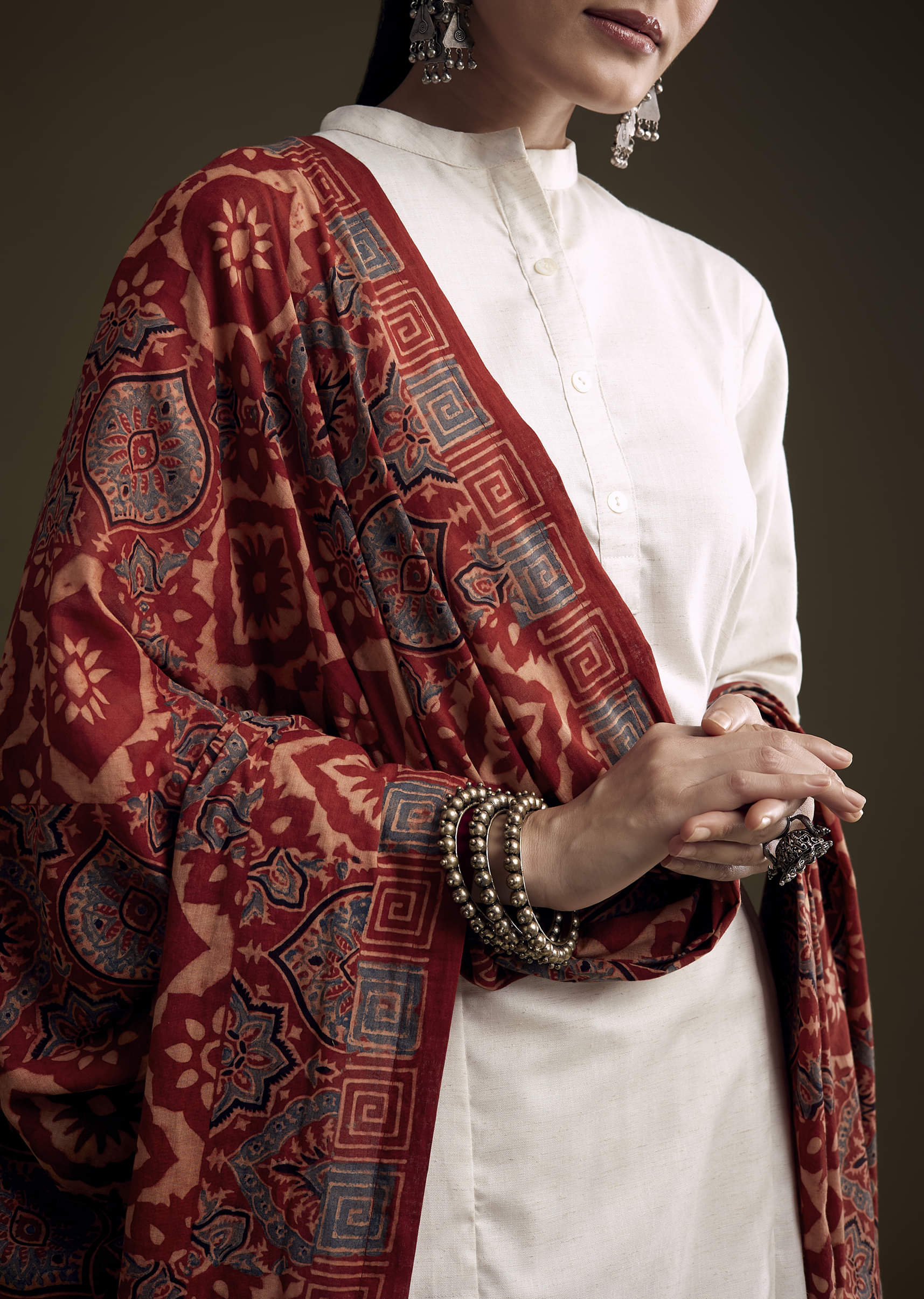 Off White Khadi Dhoti Suit With Red Hand Dyed Ajrakh Dupatta