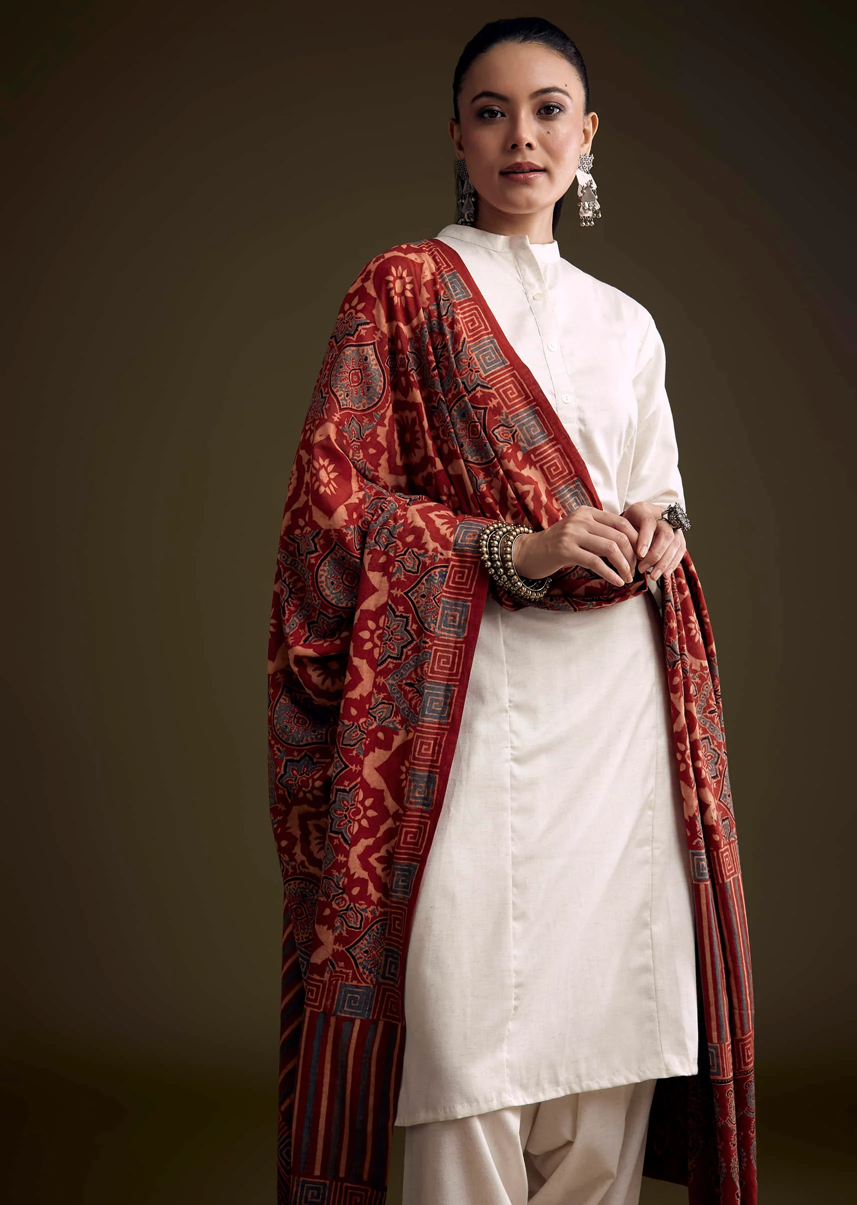 Off White Khadi Dhoti Suit With Red Hand Dyed Ajrakh Dupatta