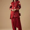 Maroon Hand Dyed Ajrakh Jacket, Shirt and Dhoti Set