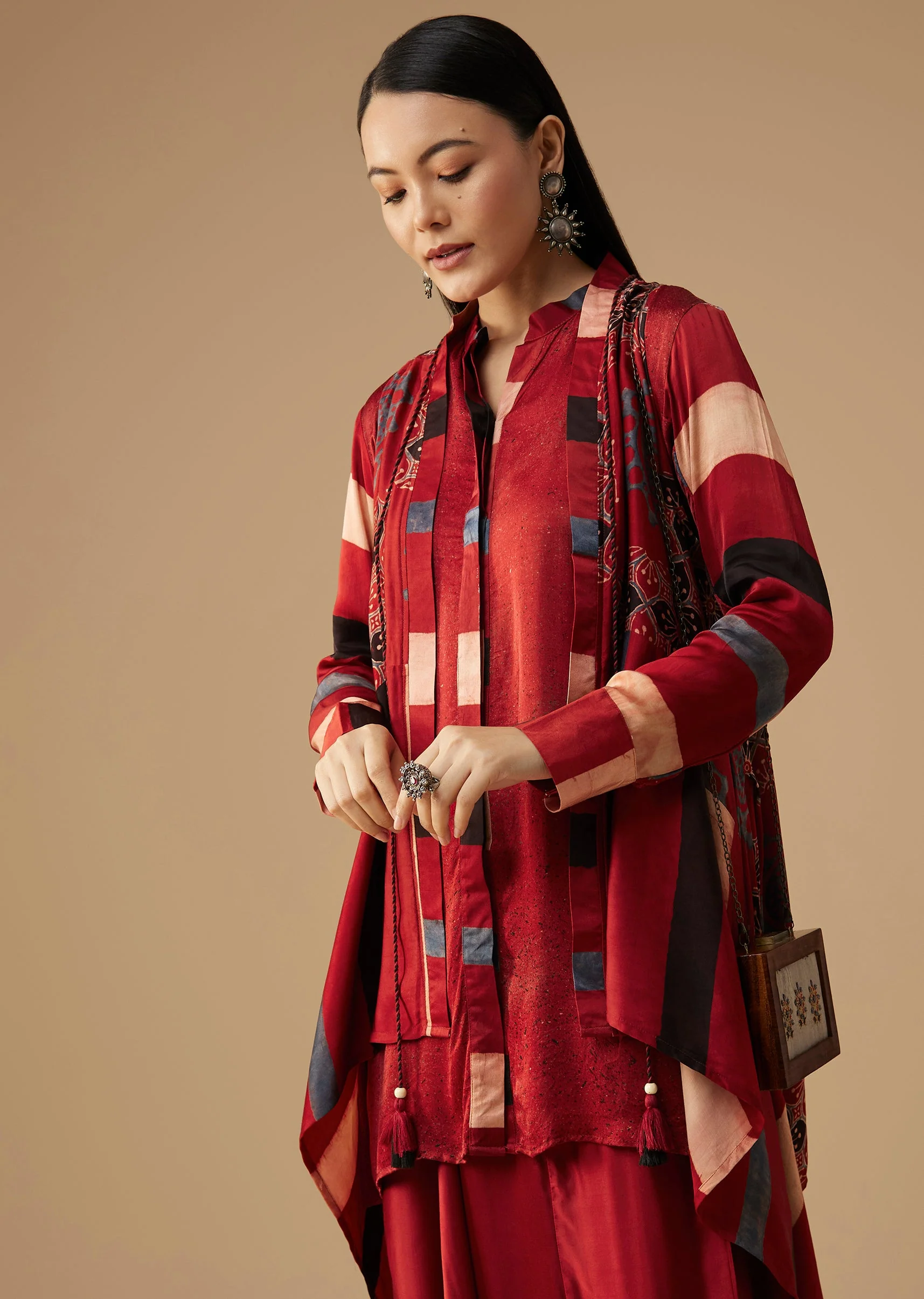 Maroon Hand Dyed Ajrakh Jacket, Shirt and Dhoti Set