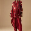 Maroon Hand Dyed Ajrakh Jacket, Shirt and Dhoti Set