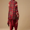 Maroon Hand Dyed Ajrakh Jacket, Shirt and Dhoti Set