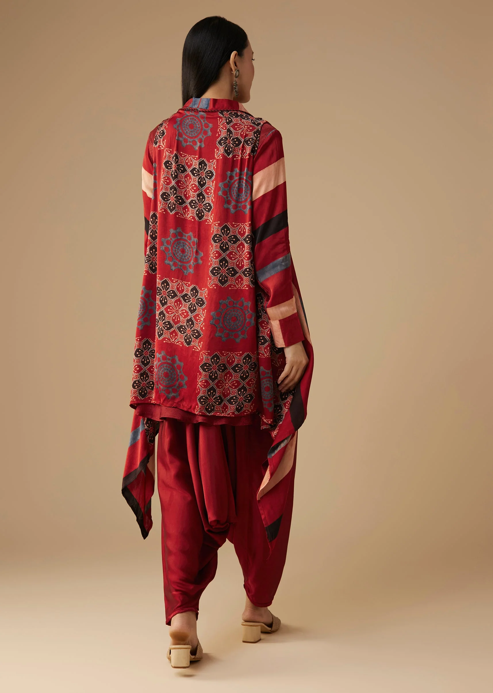 Maroon Hand Dyed Ajrakh Jacket, Shirt and Dhoti Set