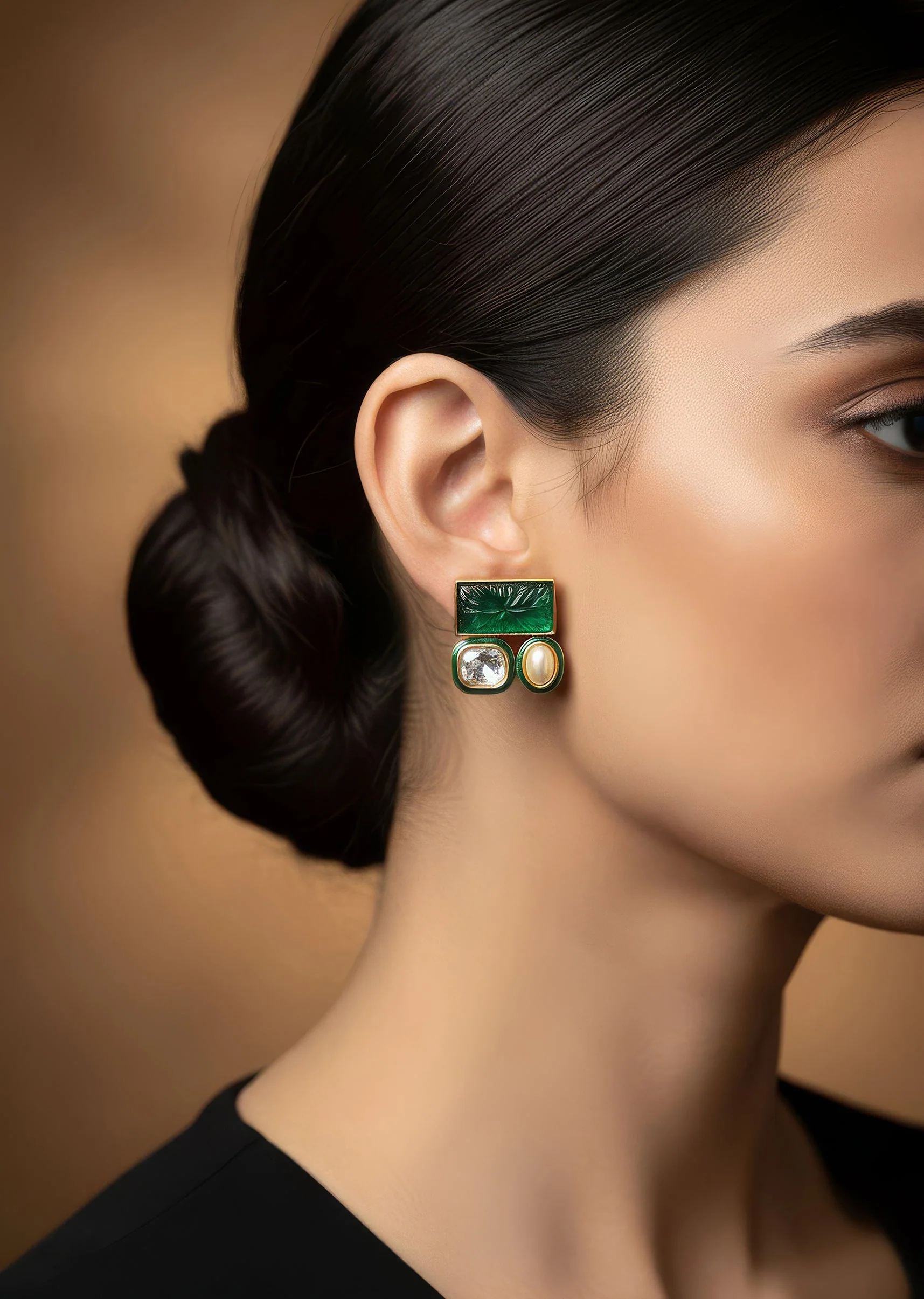 901-gold-finish-cluster-stud-earrings-in-polki-with-green-simulated-stone-and-pearl-1.webp Gold Finish Cluster Stud Earrings In Polki With Green Simulated Stone and Pearl