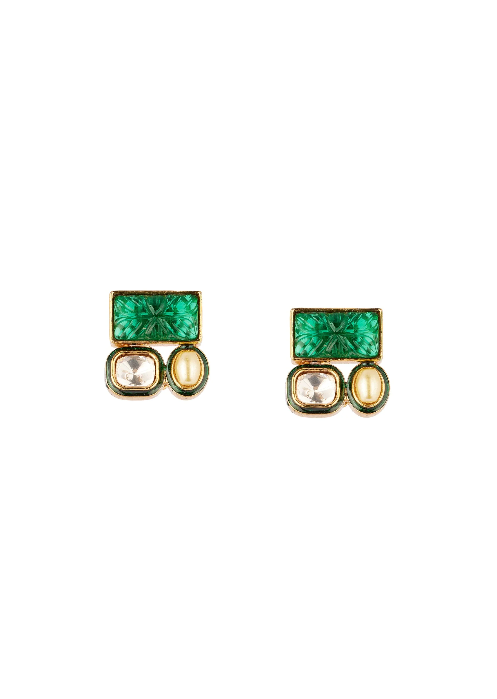 901-gold-finish-cluster-stud-earrings-in-polki-with-green-simulated-stone-and-pearl-2.webp Gold Finish Cluster Stud Earrings In Polki With Green Simulated Stone and Pearl