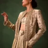 Gold Cowl Dhoti Drape Skirt With Heavy Embroidered Jacket