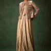 Gold Cowl Dhoti Drape Skirt With Heavy Embroidered Jacket