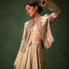 Gold Cowl Dhoti Drape Skirt With Heavy Embroidered Jacket