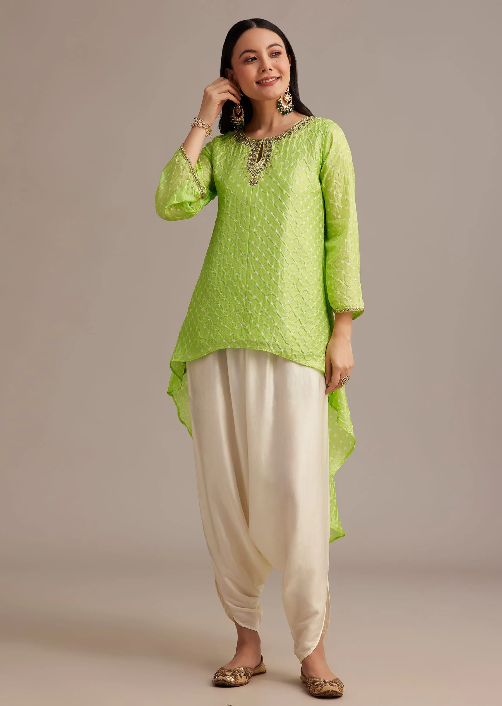 9038-light-green-bandhani-high-low-kurta-set-with-dhoti-1.webp Light Green Bandhani High Low Kurta Set With Dhoti