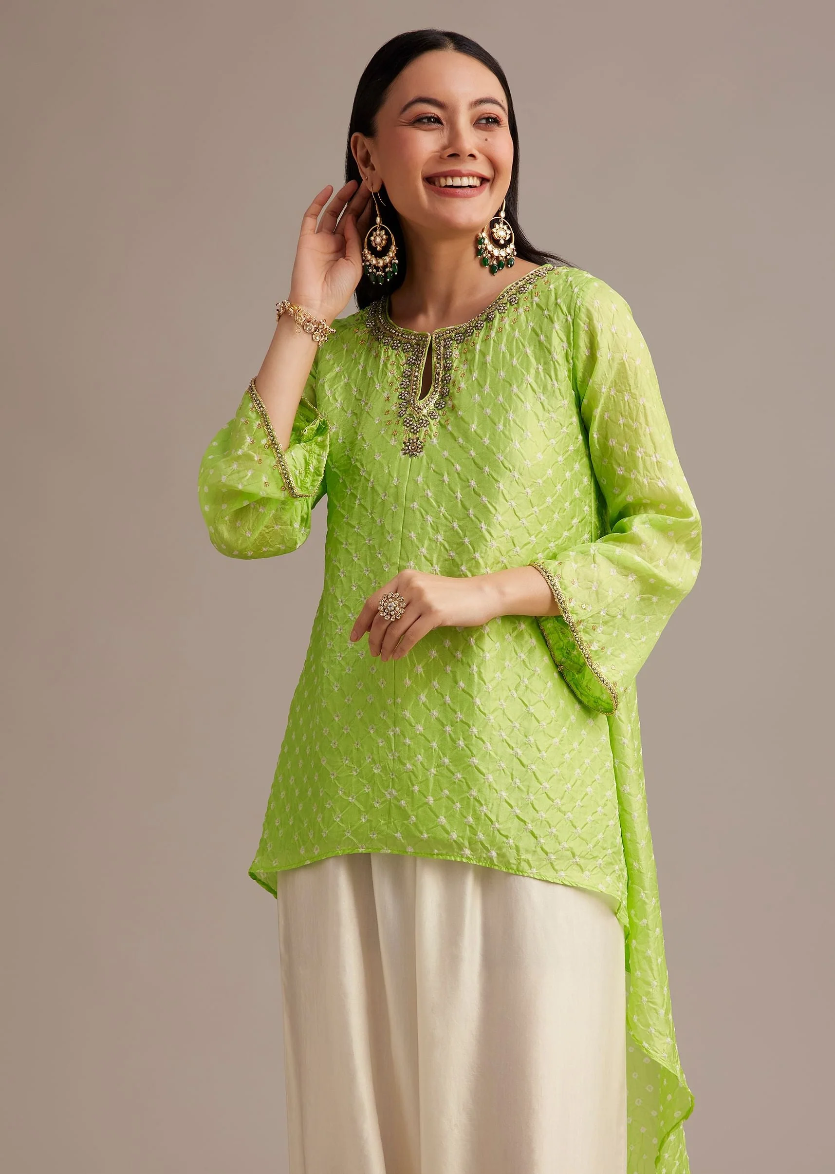 Light Green Bandhani High Low Kurta Set With Dhoti
