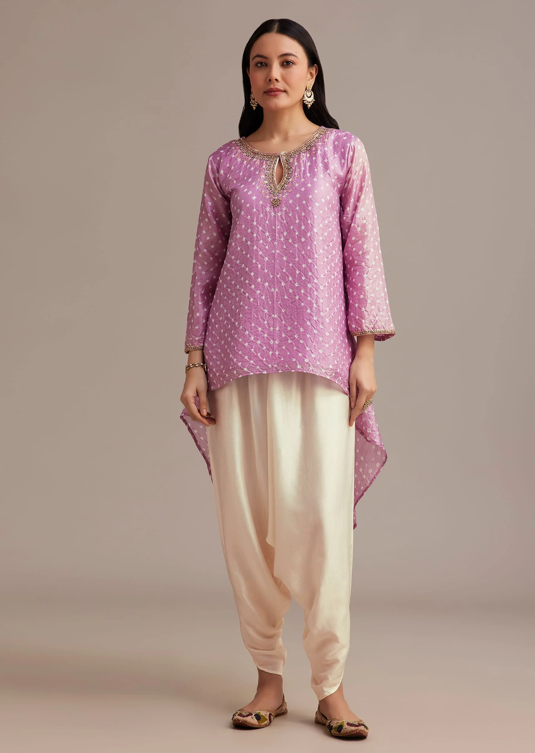 9050-lavender-bandhani-high-low-kurta-set-with-dhoti-1.webp Lavender Bandhani High Low Kurta Set With Dhoti