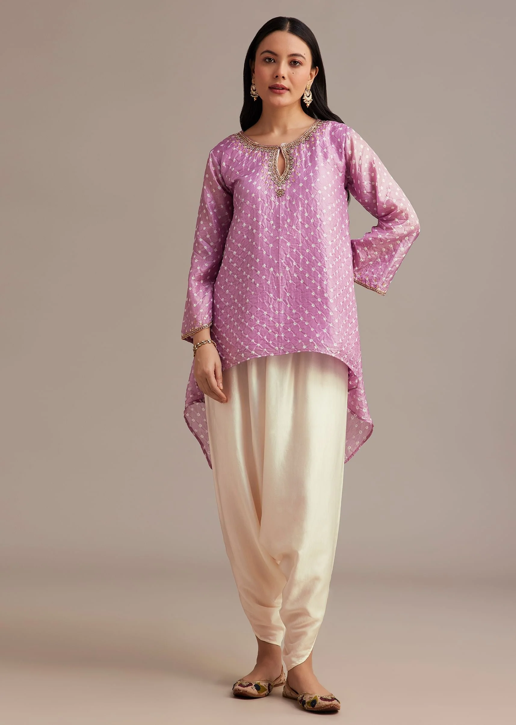 Lavender Bandhani High Low Kurta Set With Dhoti
