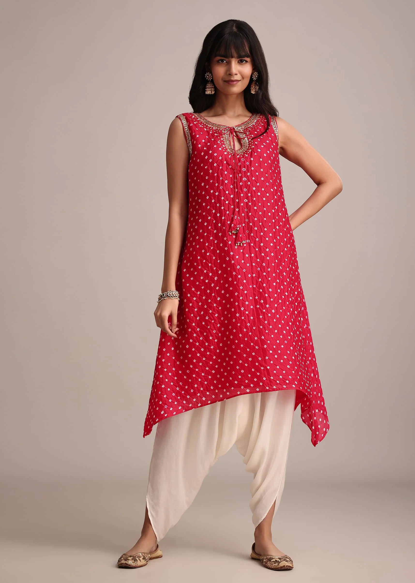 Red Silk Bandhani Print Kurta Dhoti Set