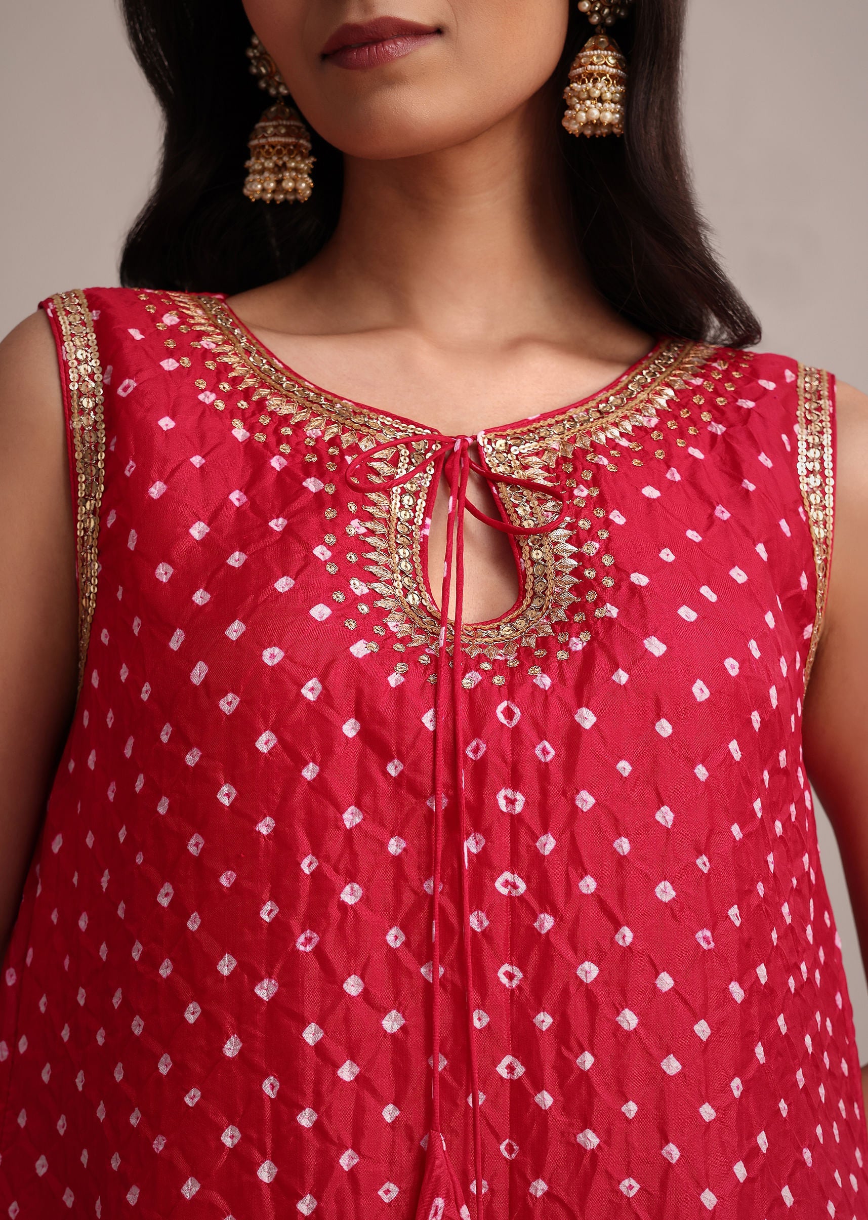 Red Silk Bandhani Print Kurta Dhoti Set
