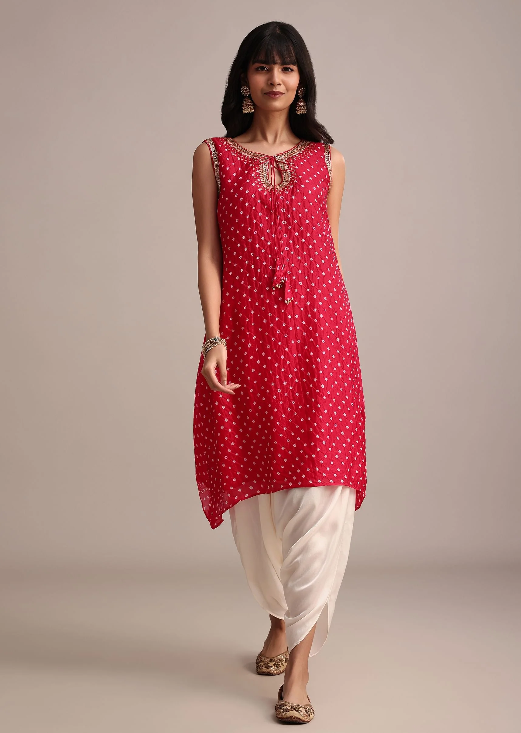 Red Silk Bandhani Print Kurta Dhoti Set