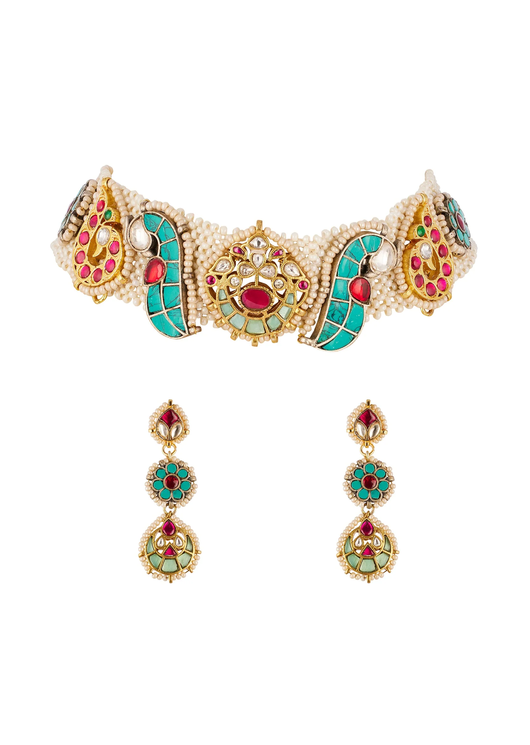 906-multi-traditional-kundan-polki-necklace-set-with-colored-stones-1.webp Multi Traditional Kundan Polki Necklace Set with Colored Stones
