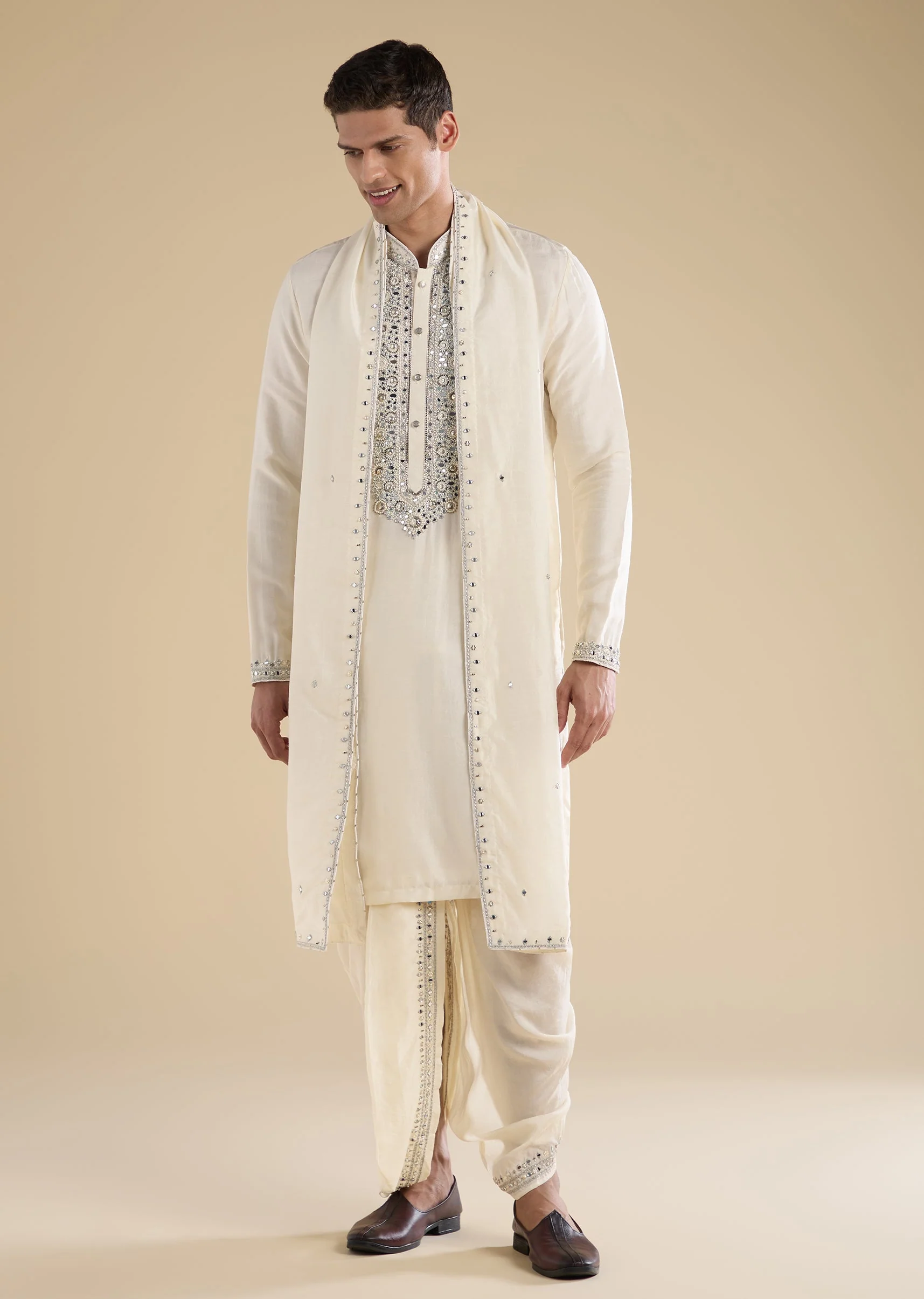 9062-cream-embellished-muhurtham-kurta-dhoti-set-with-stole-1.webp Cream Embellished Muhurtham Kurta Dhoti Set with Stole