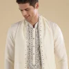 Cream Embellished Muhurtham Kurta Dhoti Set with Stole