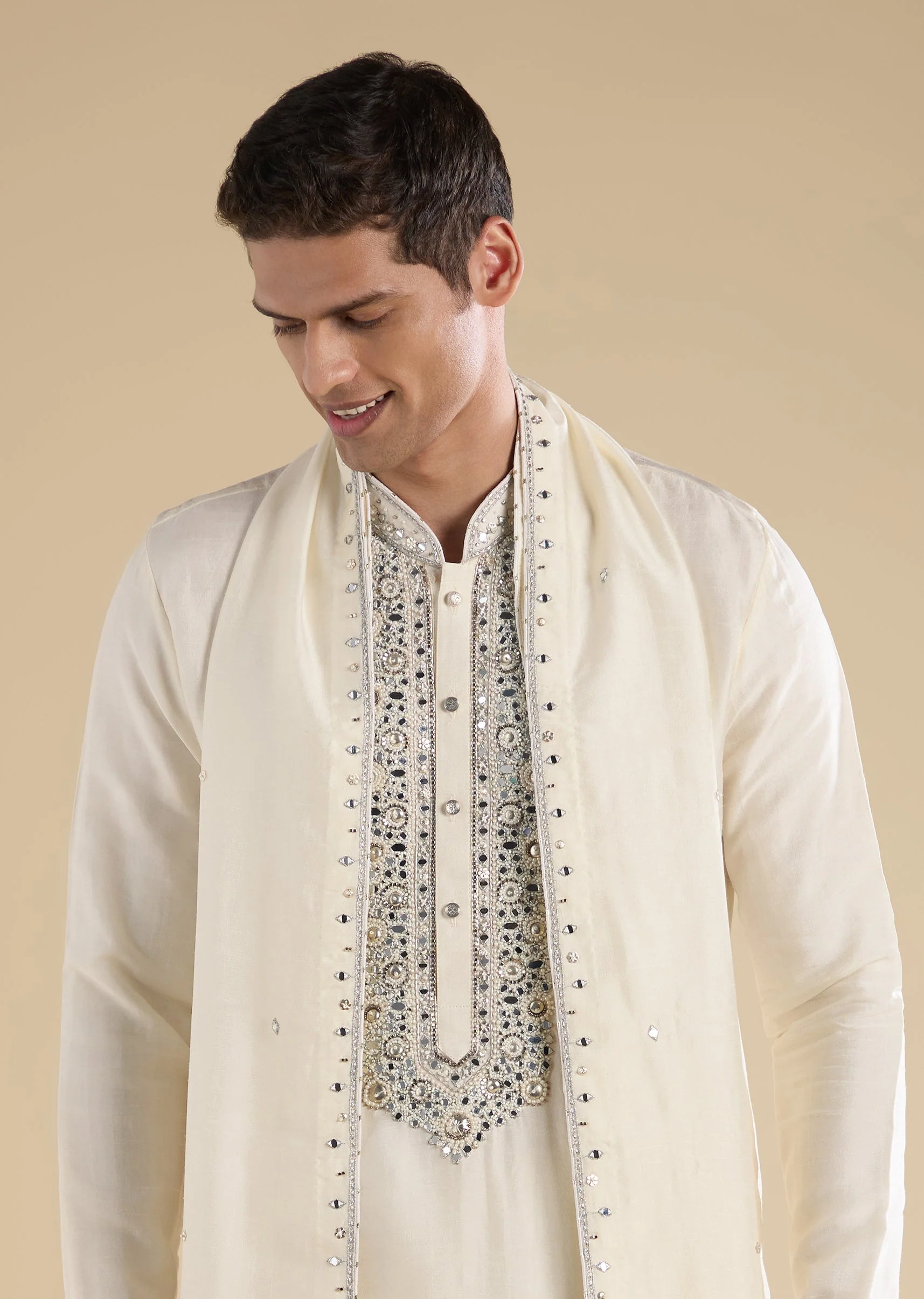 Cream Embellished Muhurtham Kurta Dhoti Set with Stole