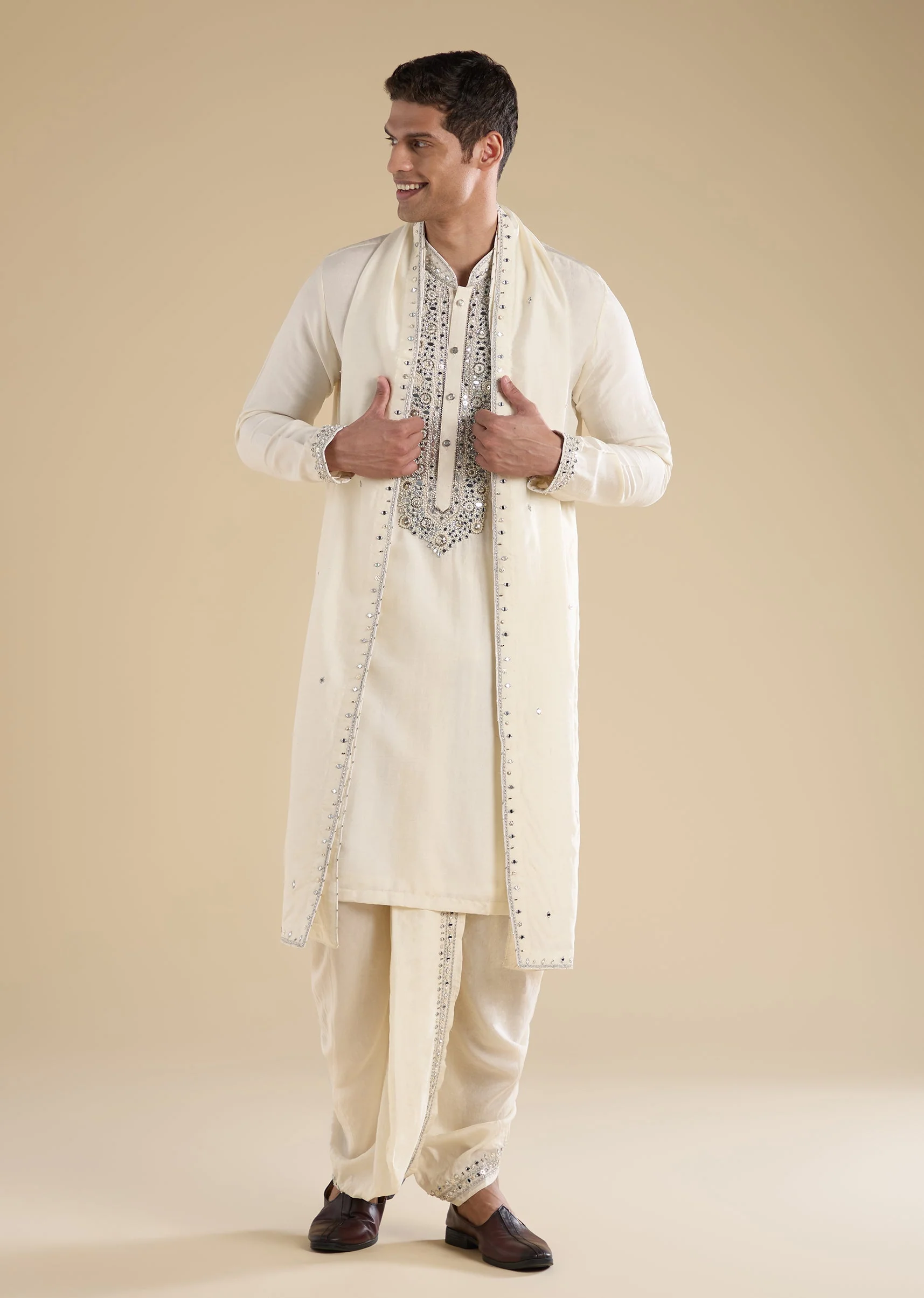 Cream Embellished Muhurtham Kurta Dhoti Set with Stole