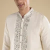 Cream Embellished Muhurtham Kurta Dhoti Set with Stole