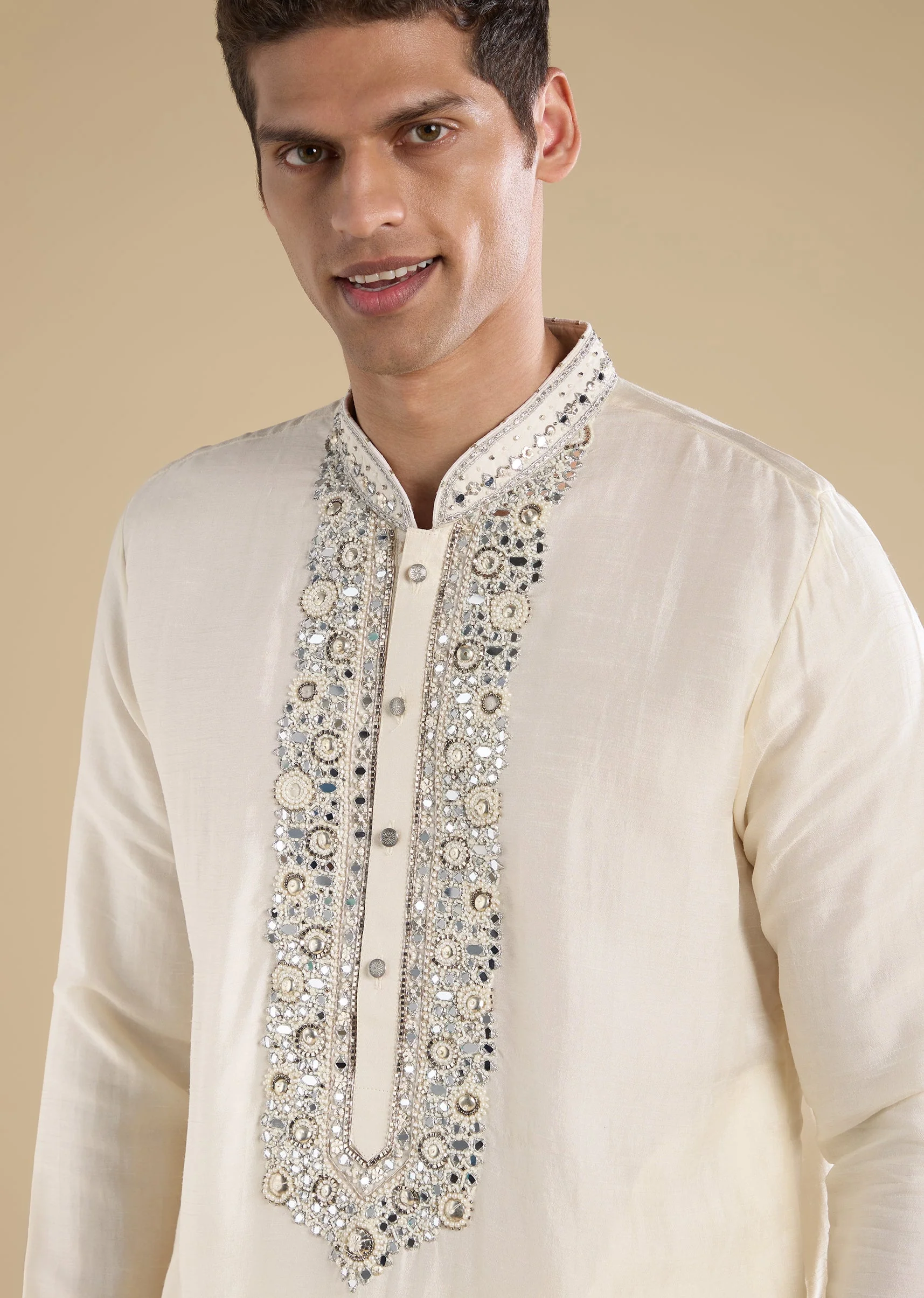 Cream Embellished Muhurtham Kurta Dhoti Set with Stole