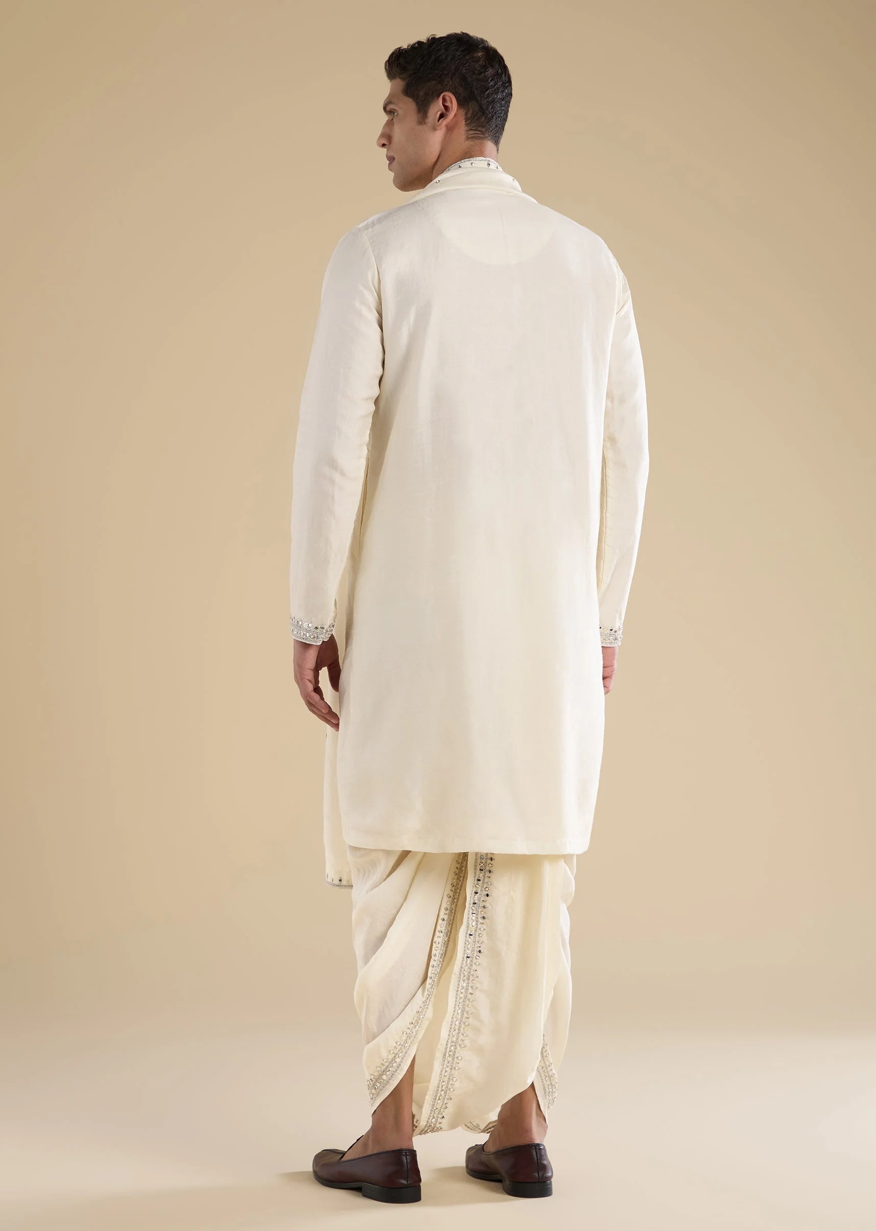 Cream Embellished Muhurtham Kurta Dhoti Set with Stole