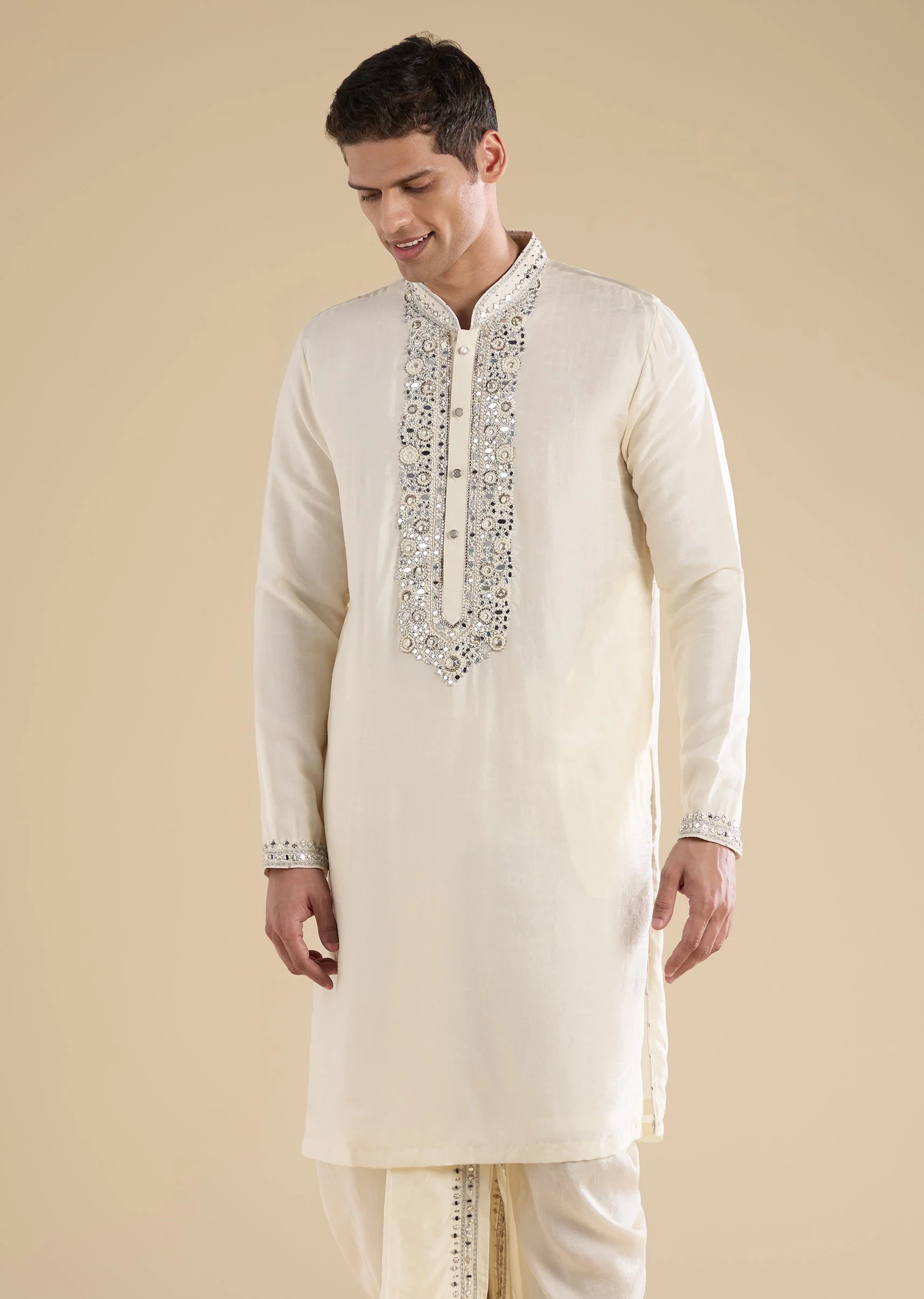 Cream Embellished Muhurtham Kurta Dhoti Set with Stole